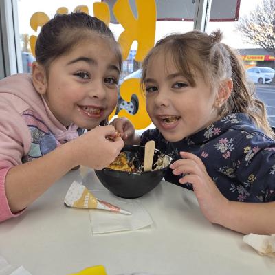 Sharing nachos at Bows Ice Cream shop in Lakes 1